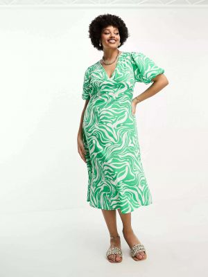 Платье миди с принтом с v-образным вырезом с абстрактным узором Influence зеленое