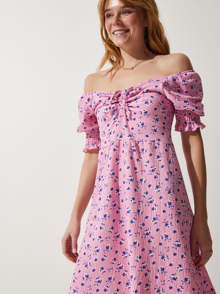 Pletené šaty s výstřihem do v Happiness İstanbul růžové