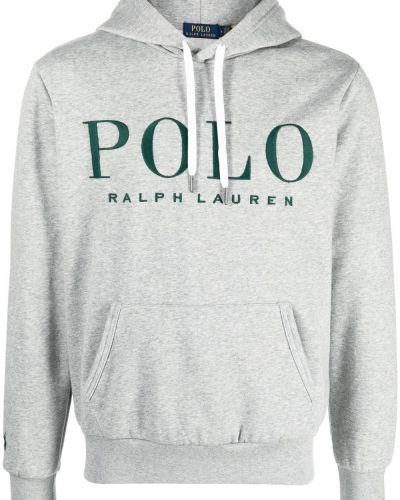 Pamučna hoodie s kapuljačom s vezom Polo Ralph Lauren siva