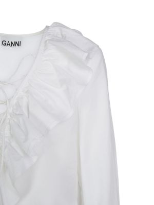 Bombažna srajca z v-izrezom z volani Ganni bela