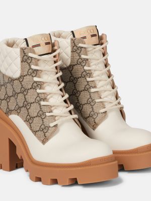 Krajkové kožené šněrovací kotníkové boty Gucci béžové