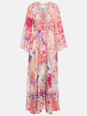 Květinové hedvábné dlouhé šaty Camilla růžové