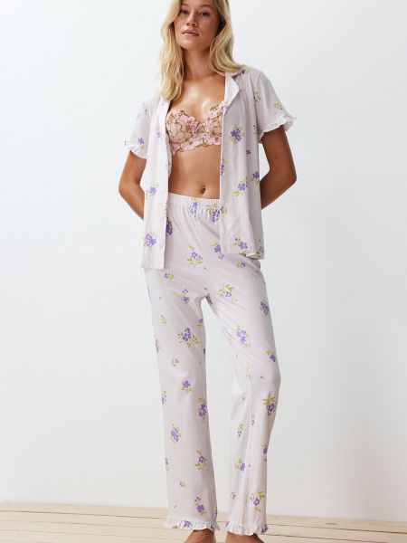 Pletena bombažna pižama s cvetličnim vzorcem Trendyol