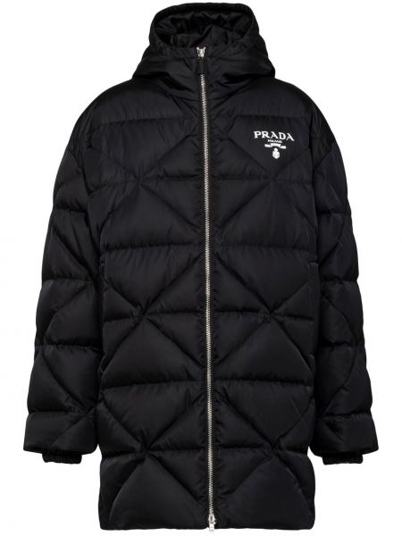 Černý péřový kabát z nylonu Prada