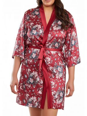 Атласный халат в цветочек с принтом Icollection бордовый