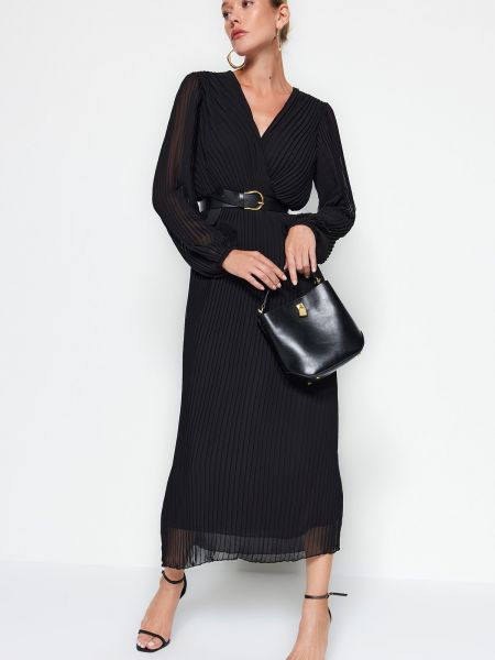Sukienka długa szyfonowa plisowana pleciona Trendyol czarna
