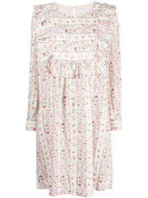 Květinové lněné dlouhé šaty s volány See By Chloe - bílá