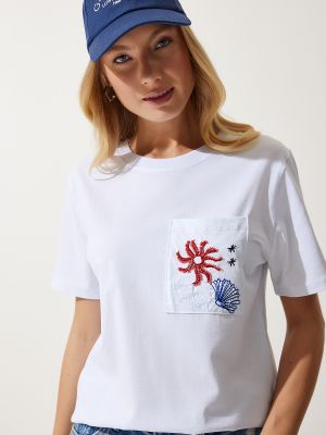 Плетена тениска бродирана Happiness İstanbul бяло