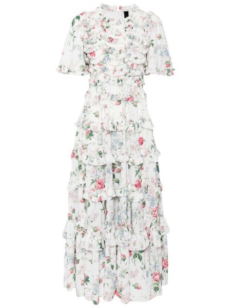 Večerna obleka s cvetličnim vzorcem z volani Needle & Thread bela