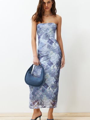 Плетена миди рокля с принт с дантела Trendyol синьо
