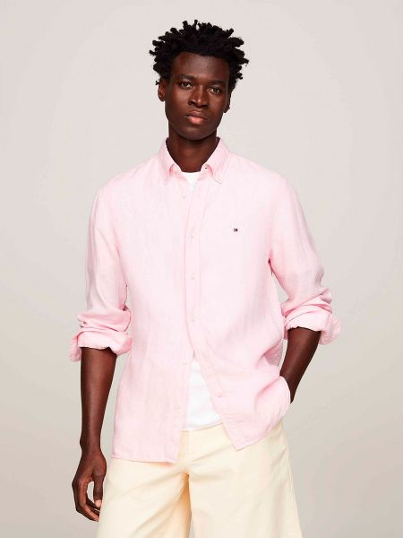 Camisa con bordado de lino manga larga Tommy Hilfiger rosa