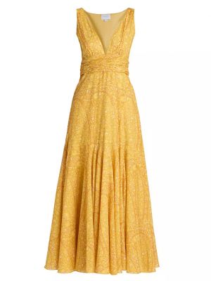 Хлопковое длинное платье в цветочек с принтом Giambattista Valli желтое
