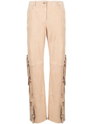 Bőr egyenes szárú nadrág rojtokkal Moschino Jeans bézs