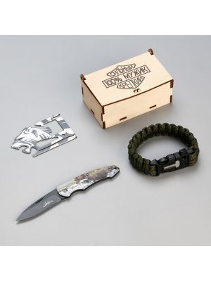Набор подарочный браслет, карта выживания, нож складной мужик