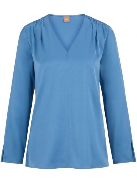 Σατέν μπλούζα με λαιμόκοψη v Boss μπλε