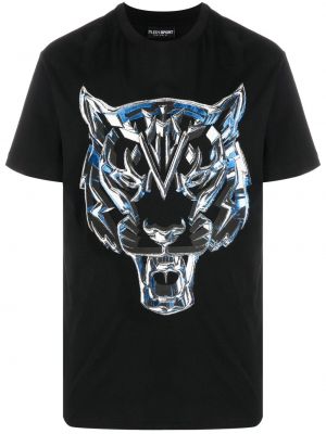 Medvilninis sportiniai marškinėliai su tigro raštu Plein Sport juoda
