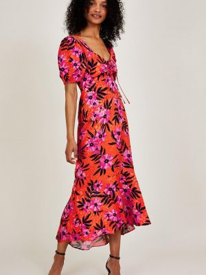 Атласное платье в цветочек с принтом Monsoon оранжевое
