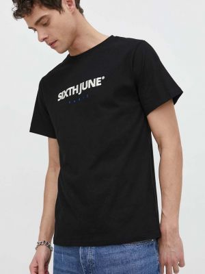 Памучна тениска с дълъг ръкав с апликация Sixth June черно