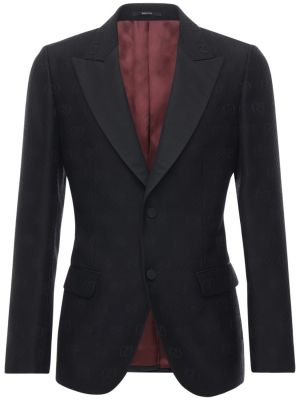 Svilena volnena ukrojena obleka iz žakarda Gucci črna