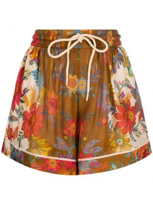 Pantaloni scurți de mătase cu model floral cu imagine Zimmermann maro