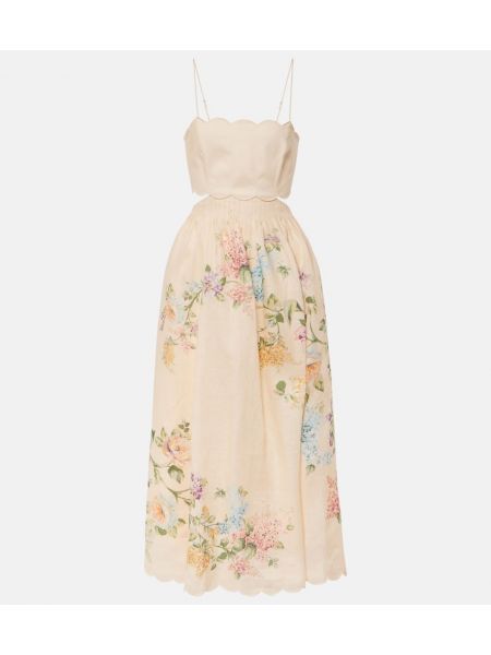 Vestido de tiras de lino de flores Zimmermann beige