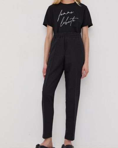 Samsoe Samsoe pantaloni din in femei, culoarea negru, drept, high waist Samsøe Samsøe