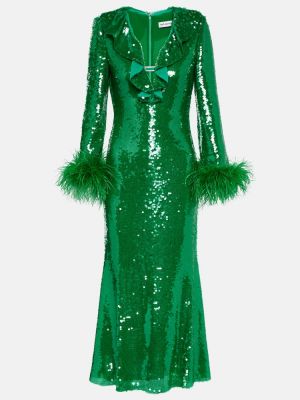 Midi šaty s perím Self-portrait zelená