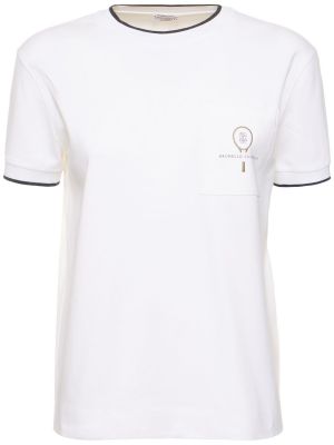 Βαμβακερή μπλούζα με κοντό μανίκι από ζέρσεϋ Brunello Cucinelli λευκό