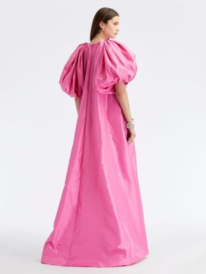 Dlouhé šaty s mašlí s balonovými rukávy Oscar De La Renta růžové