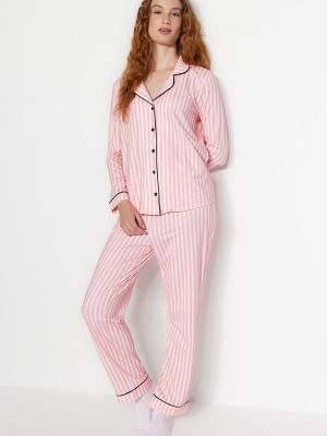 Πλεκτό ριγέ fleece πουκάμισο Trendyol ροζ