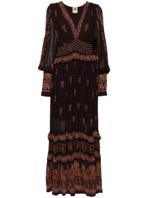 Brązowa sukienka długa z nadrukiem z wzorem paisley Farm Rio