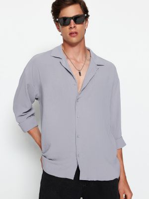 Oversized ľanová priliehavá košeľa Trendyol sivá