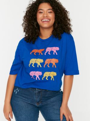 Marškinėliai su tigro raštu Trendyol mėlyna