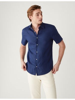 Lněná košile s krátkými rukávy Marks & Spencer modrá