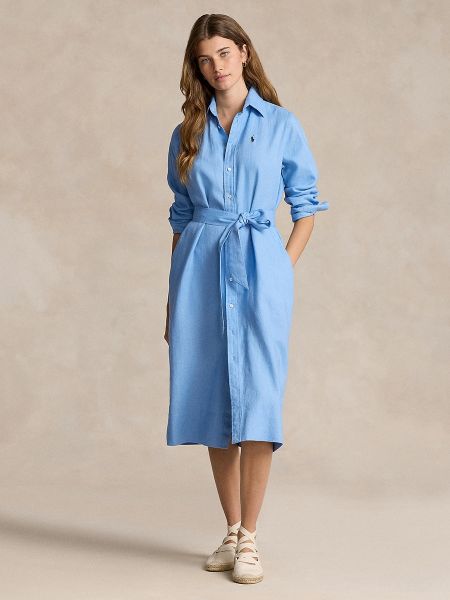 Vestido midi de lino manga larga Polo Ralph Lauren azul
