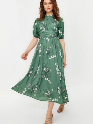Dolga obleka s cvetličnim vzorcem z puhastimi rokavi Trendyol zelena