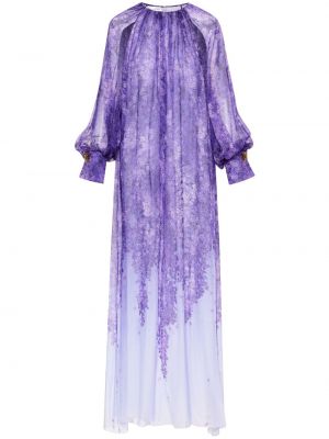 Копринена вечерна рокля от шифон на цветя Oscar De La Renta виолетово