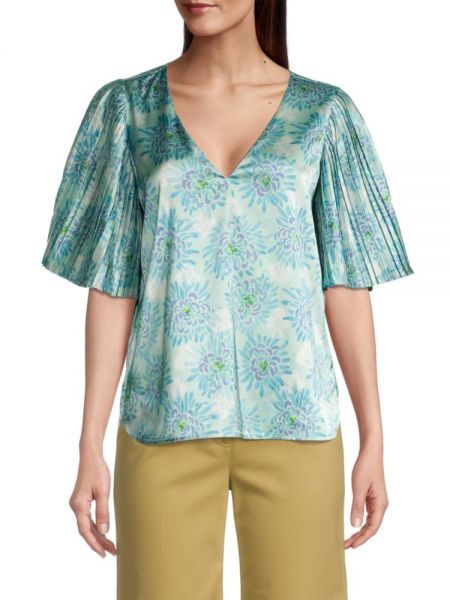 Плиссированная блузка в цветочек с пышными рукавами Rebecca Taylor синяя