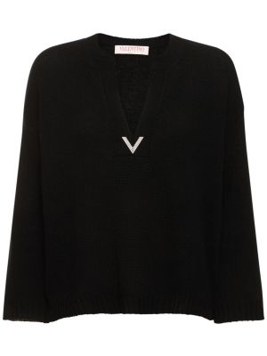 V-nyakú gyapjú szvetter Valentino fekete