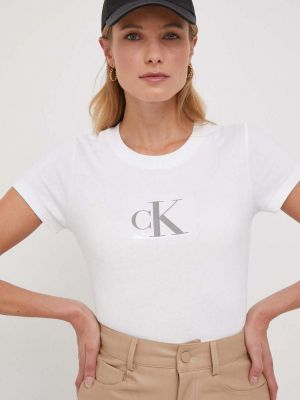 Koszulka slim fit bawełniana z cekinami Calvin Klein Jeans biała