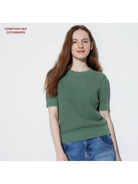 Льняной свитер с коротким рукавом Uniqlo зеленый