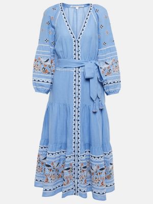 Bavlnené ľanové midi šaty Veronica Beard modrá