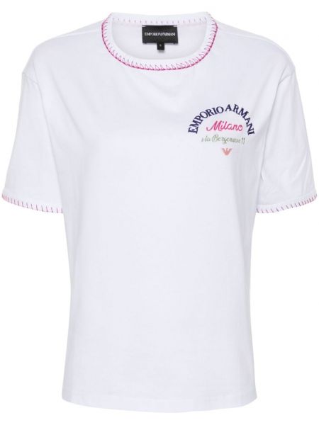 Bombažna majica z vezenjem Emporio Armani bela