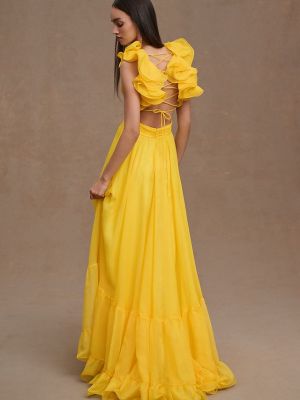 Кружевное платье-трапеция с рюшами Mac Duggal желтое