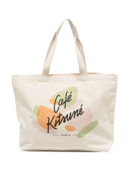 Шопинг чанта с принт Maison Kitsuné бяло
