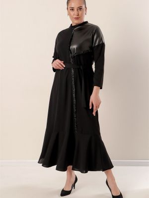 Voľné kožené dlouhé šaty By Saygı čierna