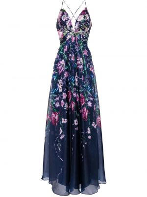 Kvetinové šifonové večerné šaty s potlačou Marchesa Notte modrá