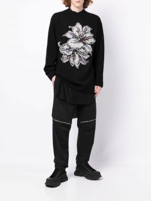Květinový vlněný svetr s potiskem Yohji Yamamoto černý