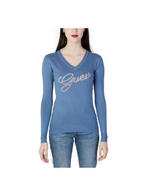 Sweter wełniany z dekoltem w serek Guess niebieski