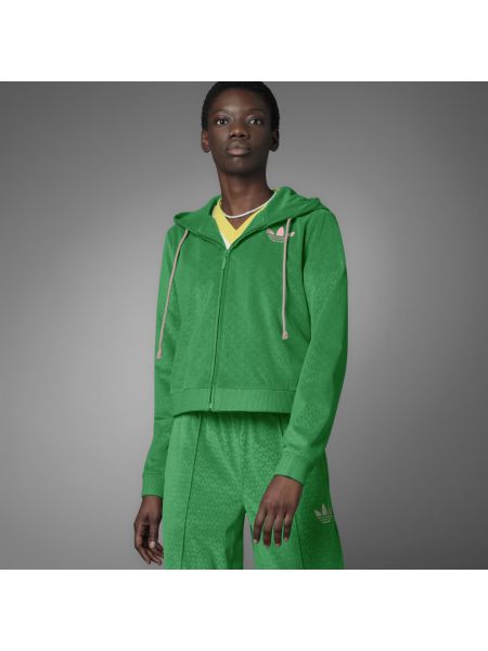 Welurowa bluza z kapturem na zamek Adidas zielona